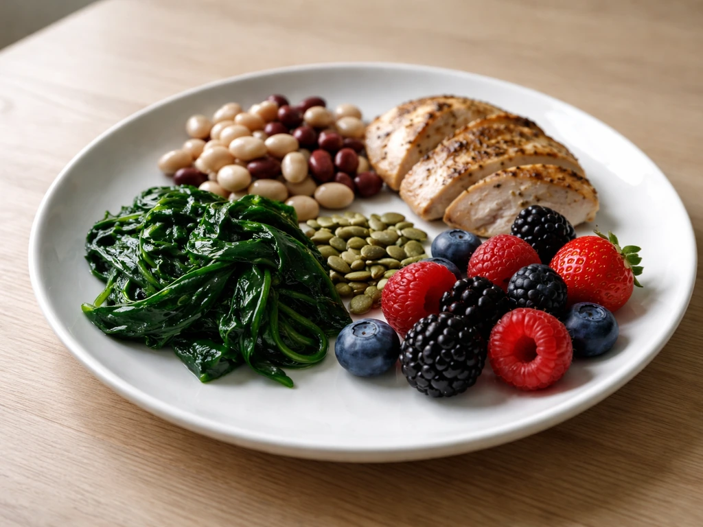 Minimal food plate with eggs/lean meat, beans, spinach, pumpkin seeds, and berries for nutrient balance.