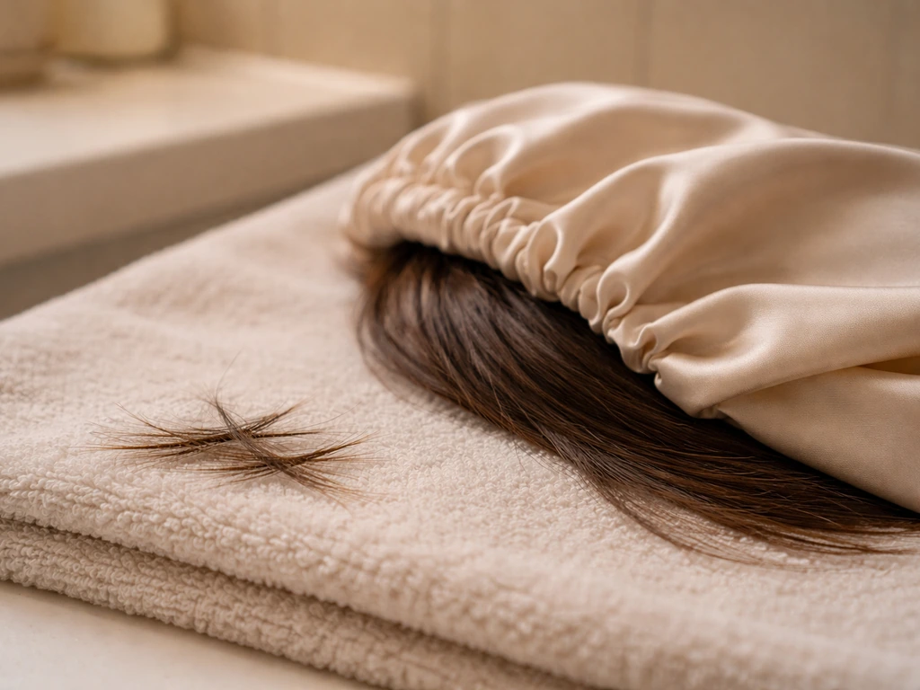 Close-up of short, broken hair strands on a towel with a protective satin-style wrap nearby
