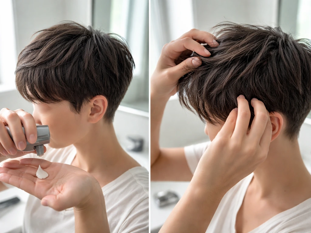 Hands styling a pixie haircut with texturizing product, awkward in-between length, simple bathroom mirror setting.