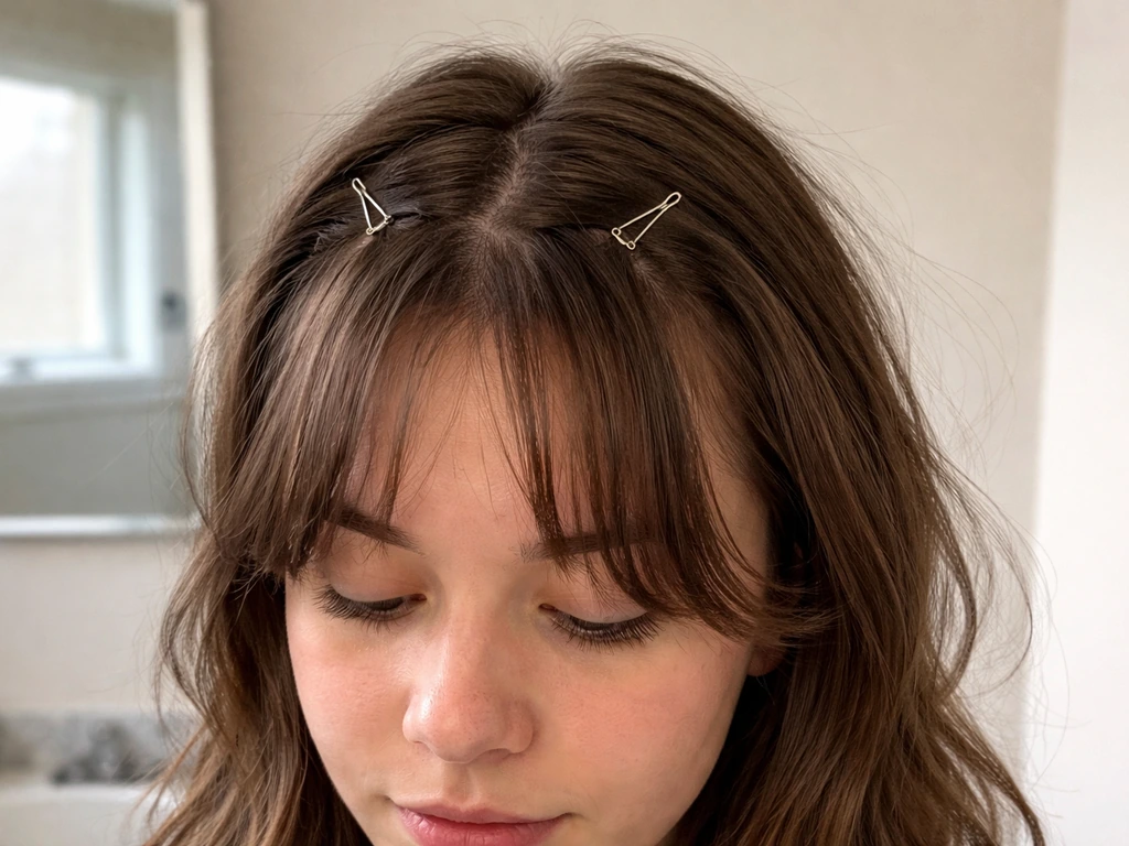 Person’s bangs clipped up with small hair pins, showing the awkward grow-out stage.