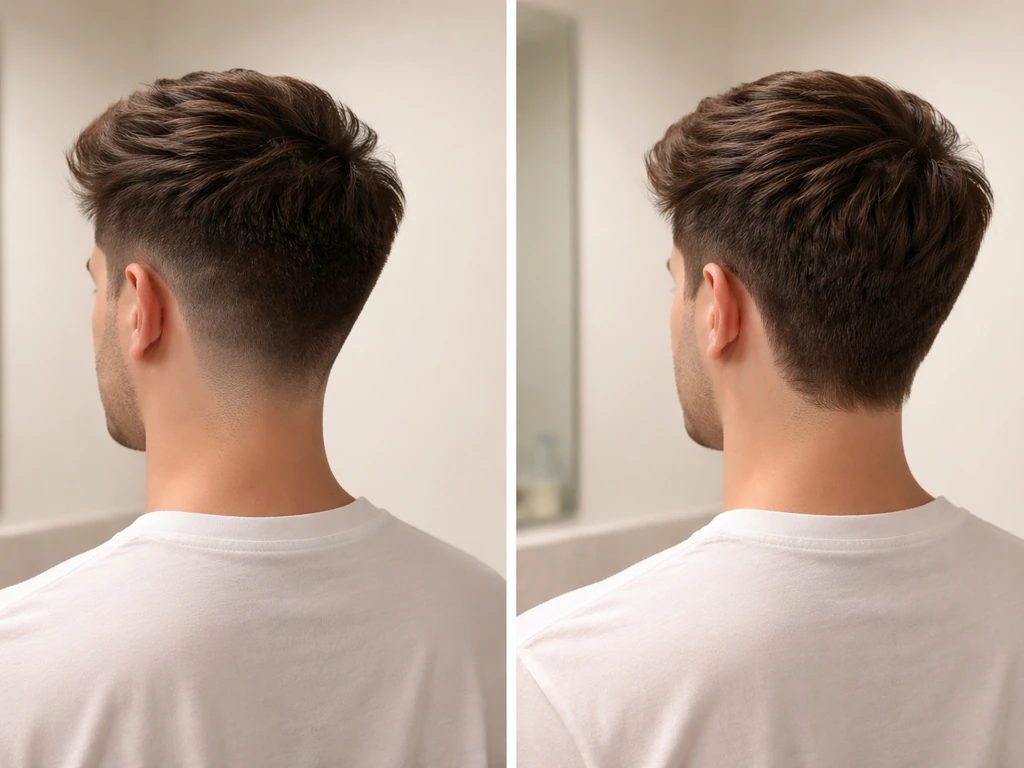 Split mirror view showing fresh barbershop sides vs months of awkward grow-out transition.