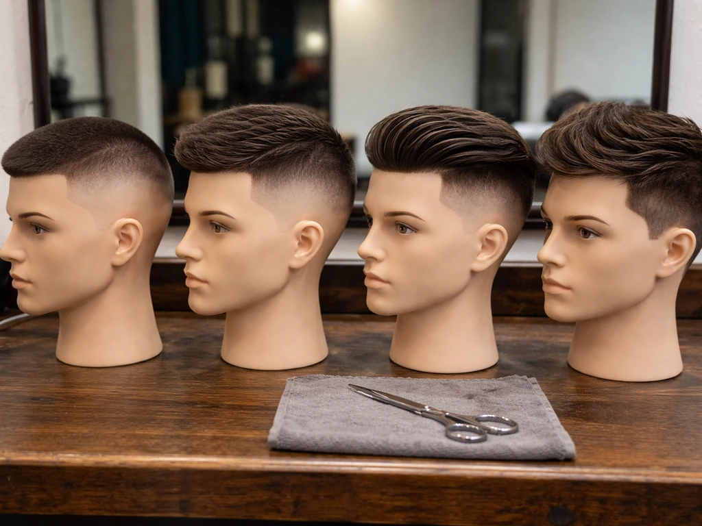 Barber workstation showing four mannequin heads with different fade and taper starting points for grow-out.