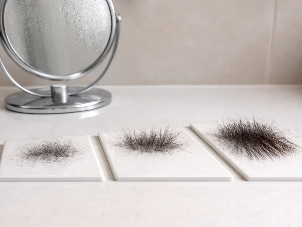Minimal side-profile hair grow-out timeline visual using three anonymous hair strands near a mirror