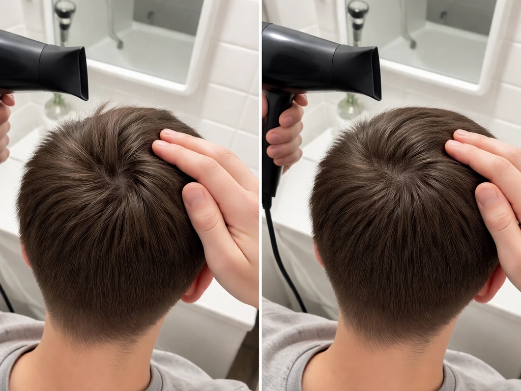 Crown cowlick being dried and smoothed with matte clay to calm an upward swirl.