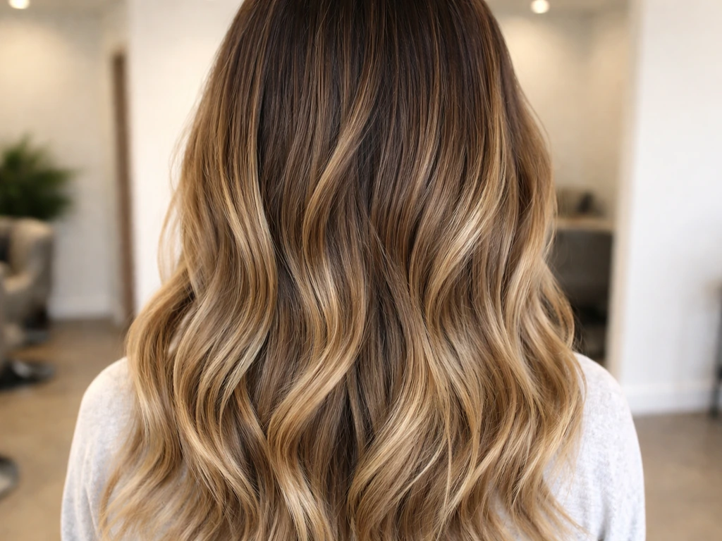 Natural balayage grow-out with soft root-to-length blending in a clean, bright salon setting.