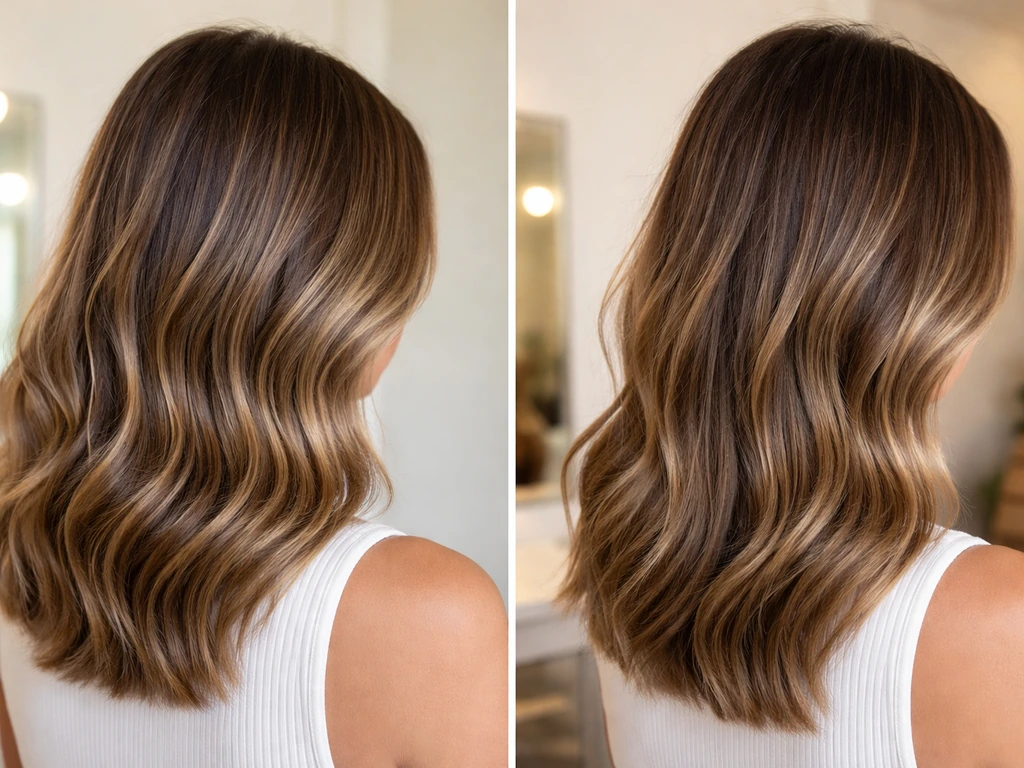 Two side-by-side photos of shoulder-length hair showing balayage highlights shifting lower as it regrows.
