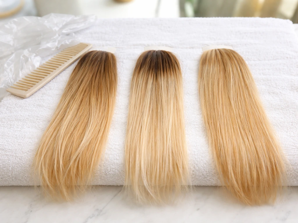 Three hair strands on a white towel showing softer balayage regrowth, defined highlights, and even all-over color.