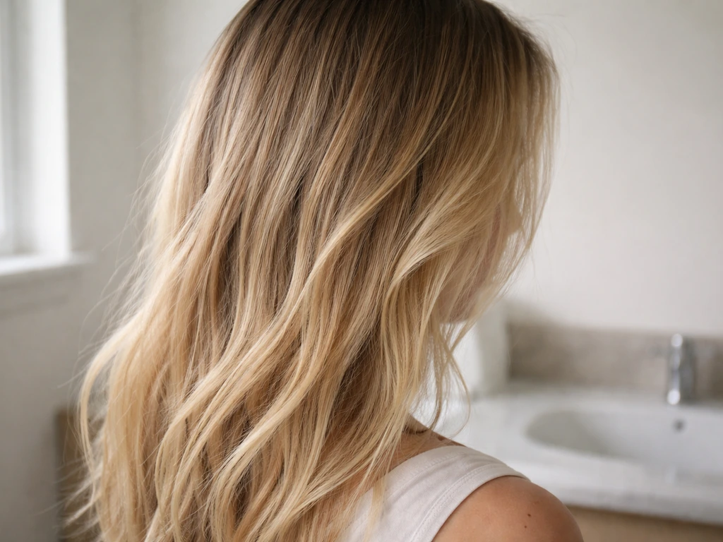 Close-up of hair showing cool roots fading into warm brassy tones in natural window light.