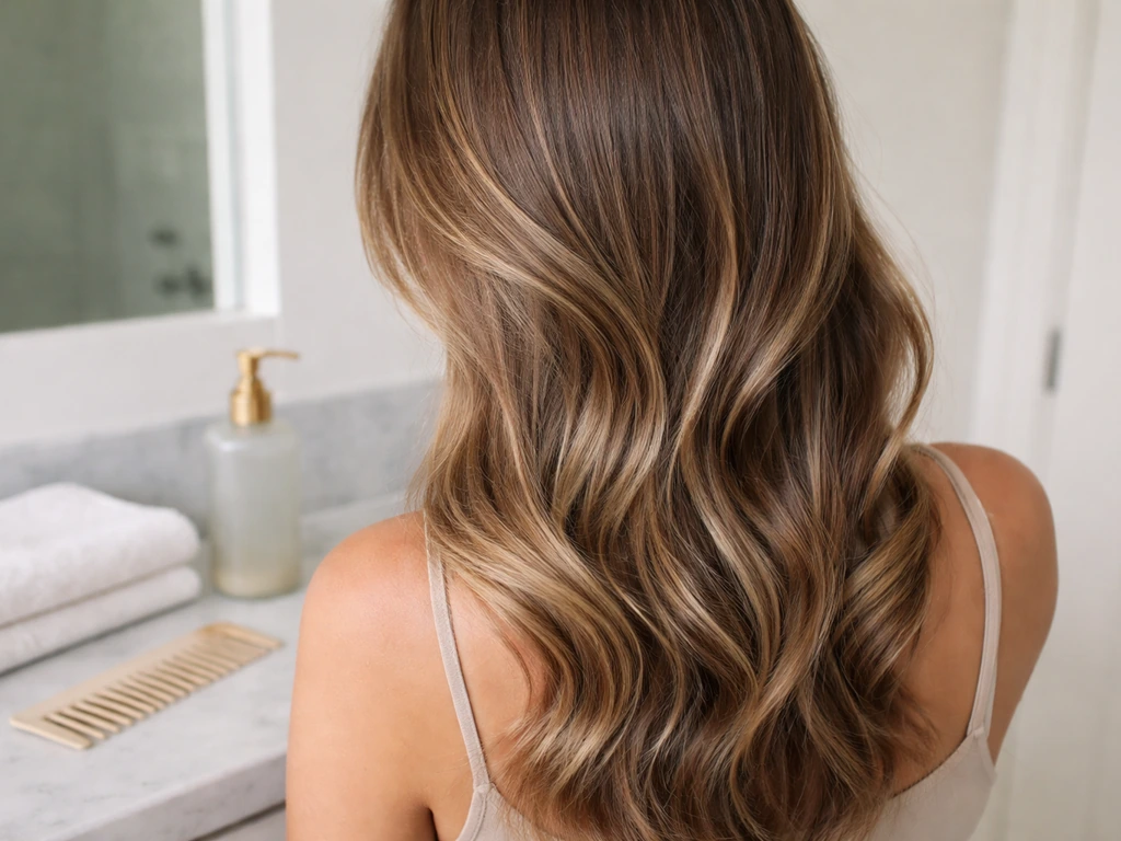 Glossed, blended grow-out hair with tidy trimmed ends in a simple bathroom setting.