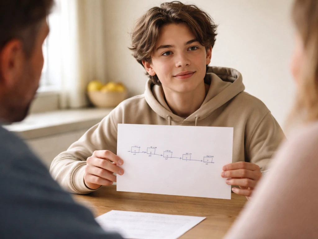 Confident teen at a kitchen table holding a hair-growth timeline paper, calmly discussing with parents