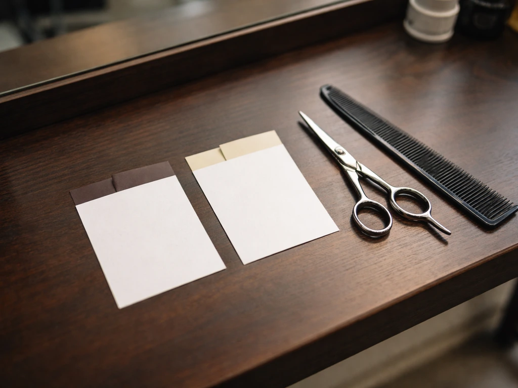 Minimal grooming station with two blank schedule cards and barber tools suggesting different trim timing.