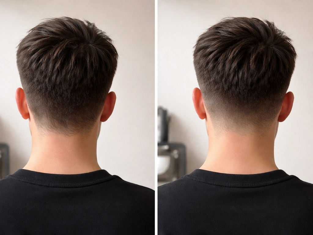 Split-screen of anonymous hair grow-out showing taper vs taper fade with different side length.