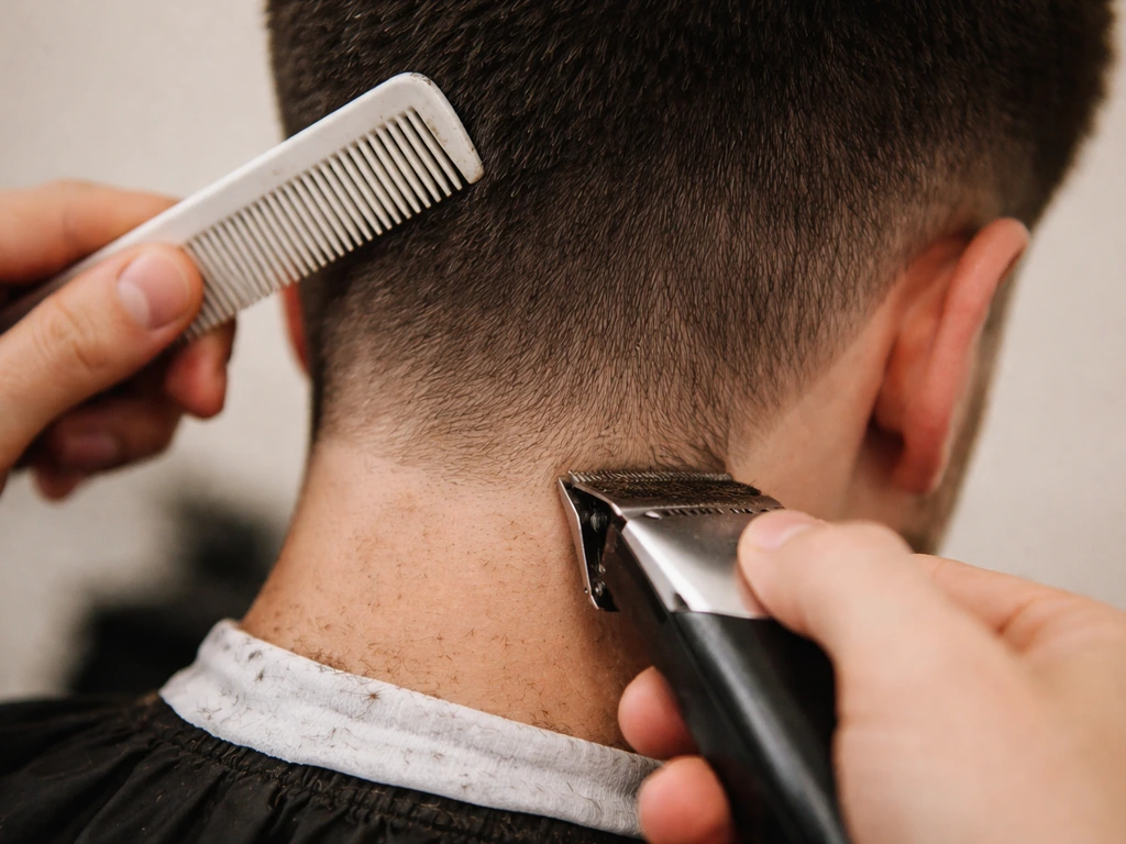 Barber trimming an uneven neckline perimeter on short hair with a handheld clipper, close-up and minimal.