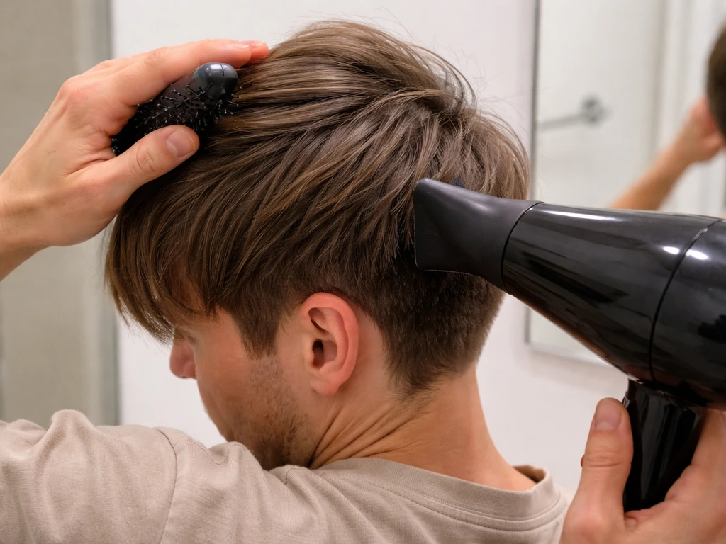 Anonymous person brushing hair down and forward while blow-drying the sides with direction.