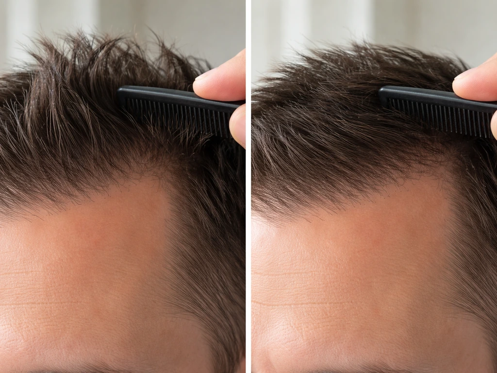 Close-up of a man’s hairline and temples with cowlick lift, holding a comb to smooth it down.