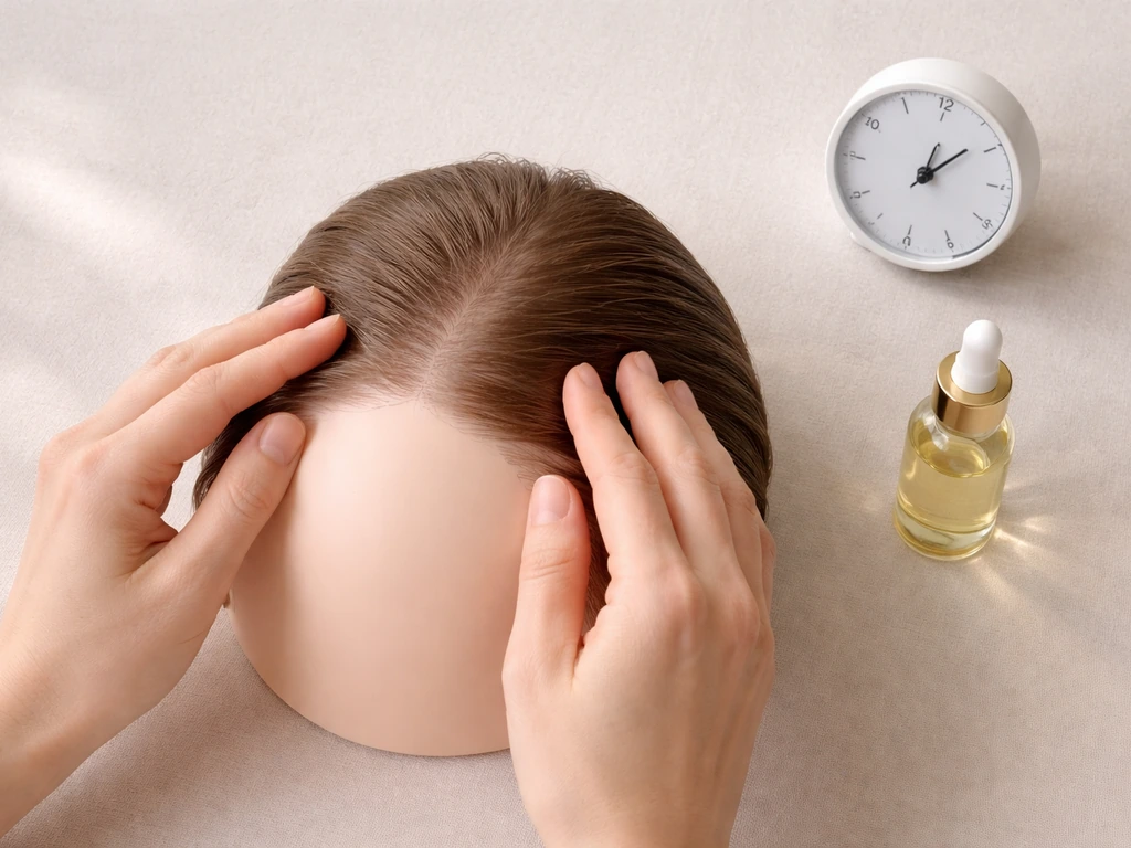Hands massaging a scalp along the hairline with hair oil and a small timer on a clean surface.