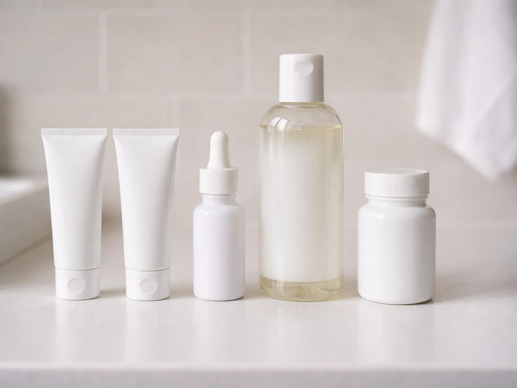 Small neatly arranged hair care bottles and a topical treatment tube on a clean bathroom counter.