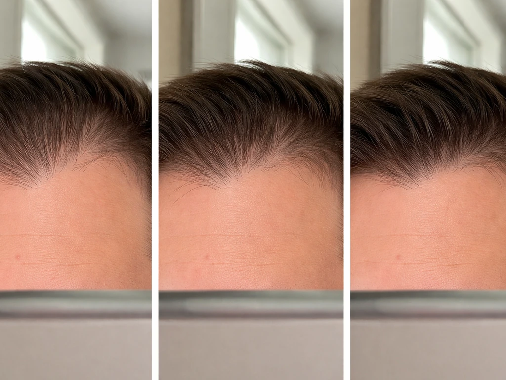 Three close-up frames showing gradual hairline regrowth at the widow’s peak over time.