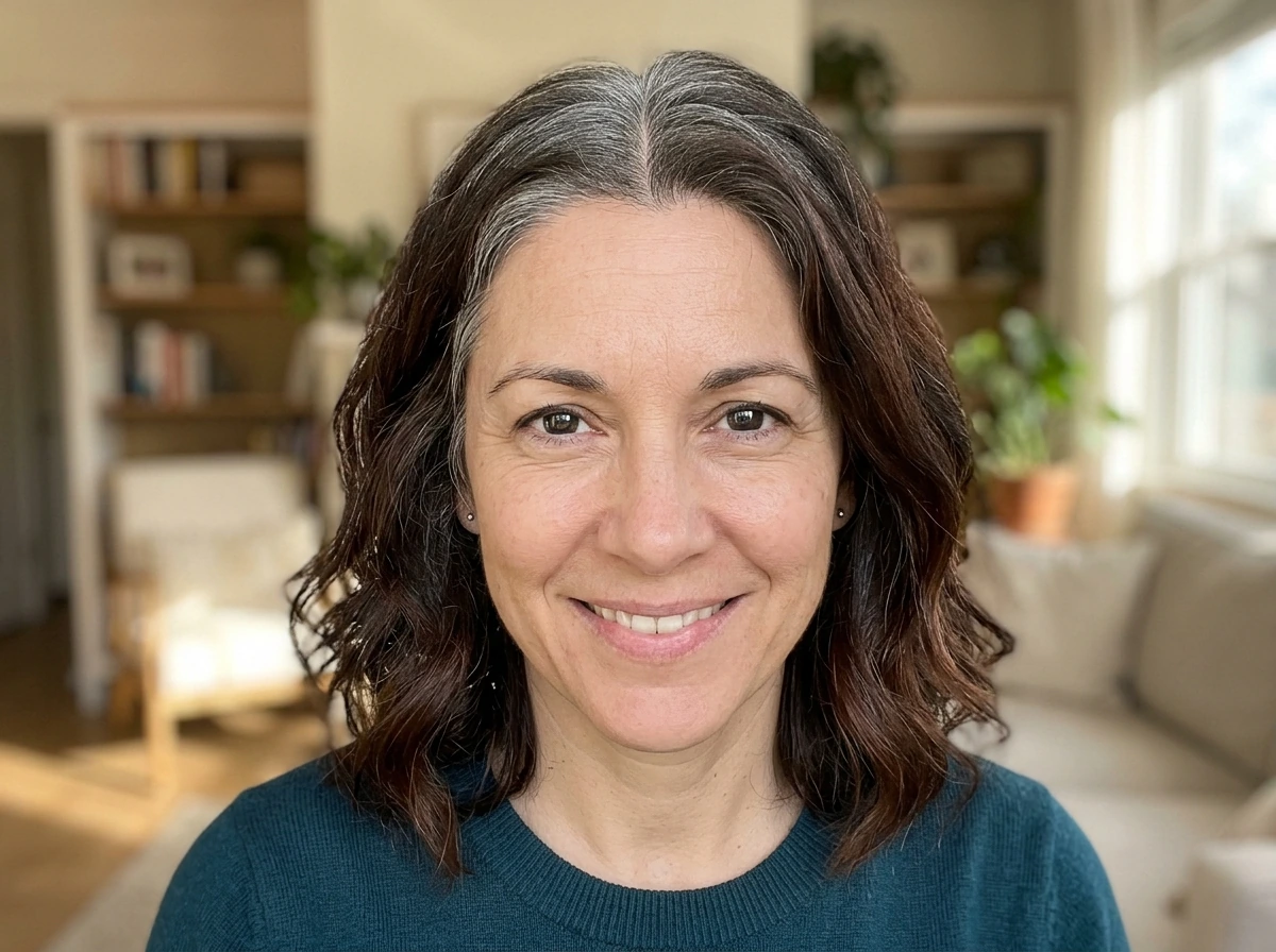 Woman’s head close-up showing grey roots growing in with a smooth intentional transition.