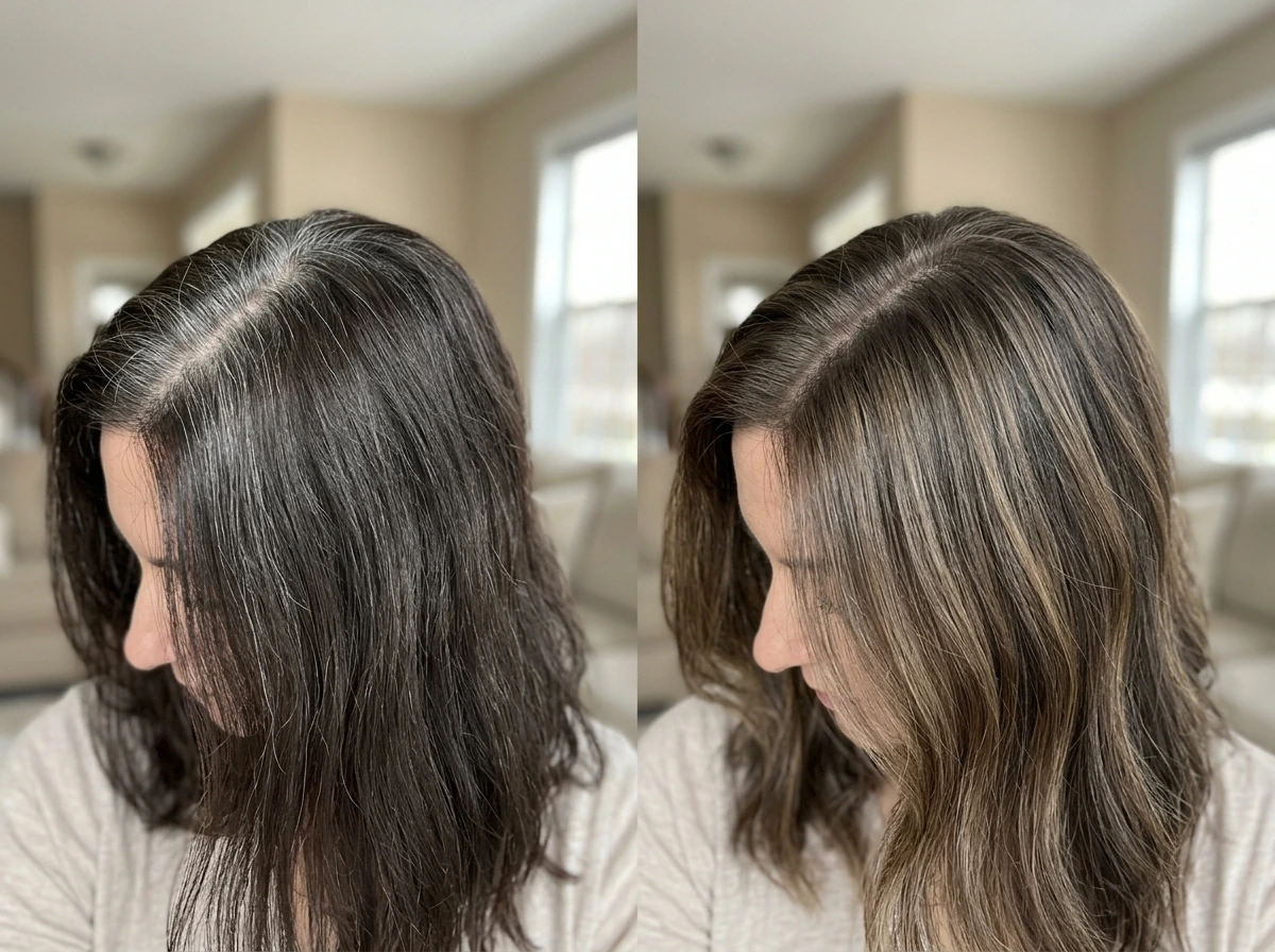 Before-and-after comparison of grey root contrast softened with blending