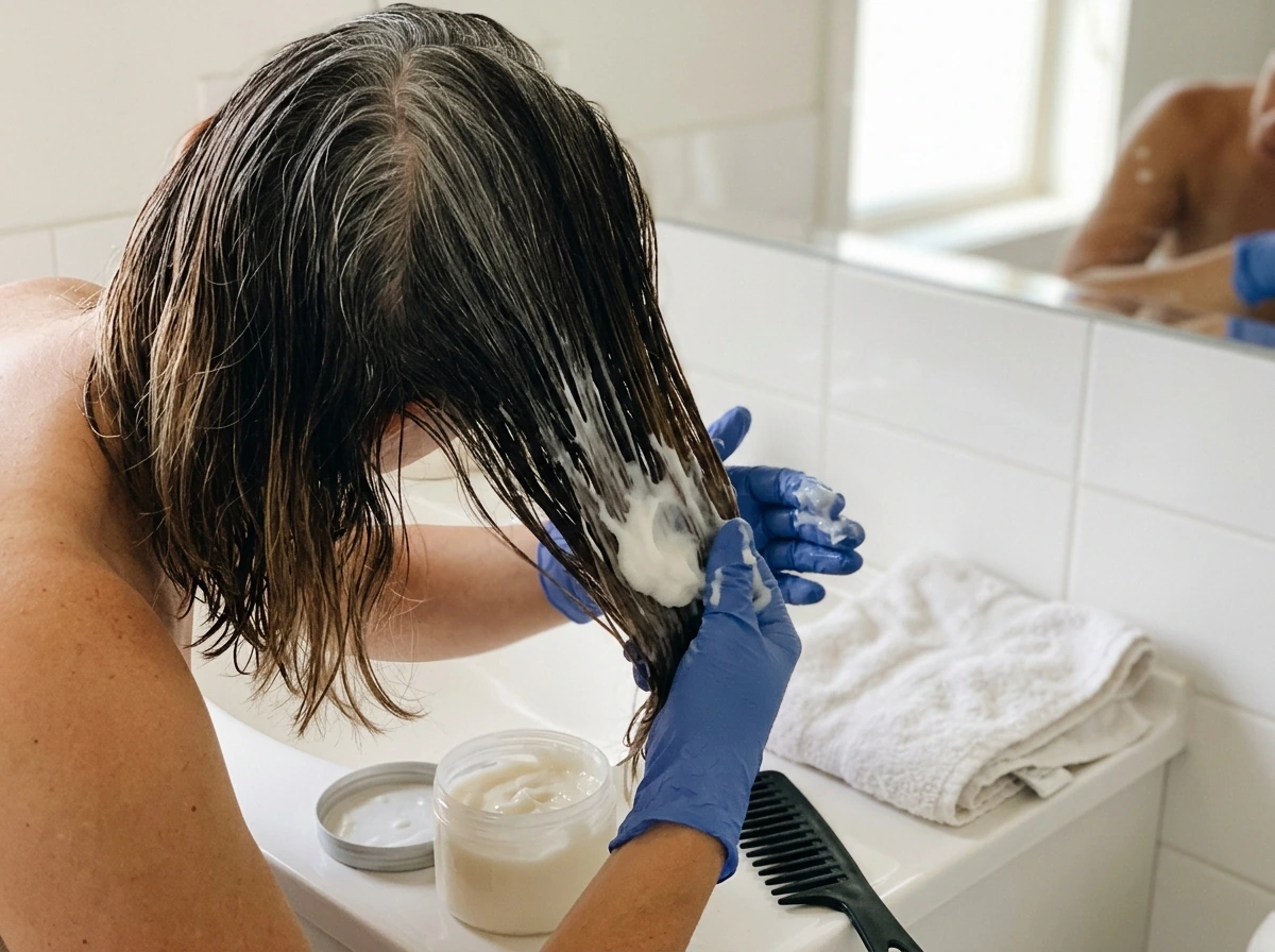 Deep conditioning cream applied to help grey roots and ends feel softer