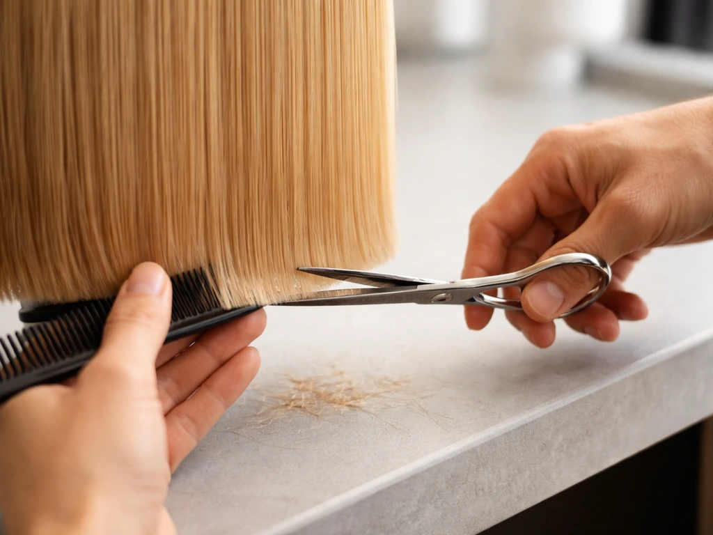 Barber scissors and comb trimming neat hair ends on an anonymous salon counter.