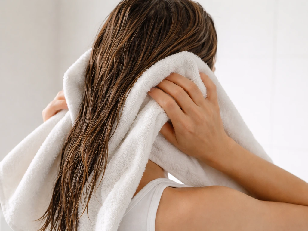Person towel-blotting hair ends until damp, not dripping, before styling