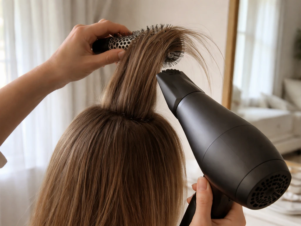 Hand blow-drying straight hair upward to smooth cowlicks and create lift.