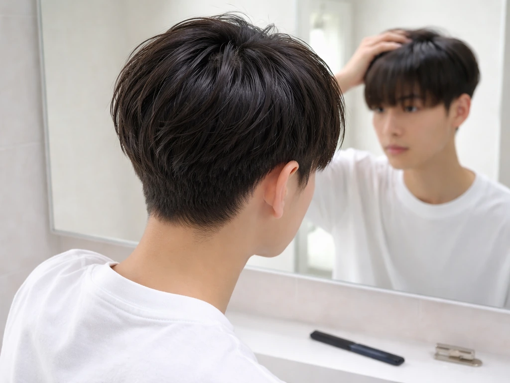 Close-up of a person comparing their blunt fringe and side angles in a bathroom mirror