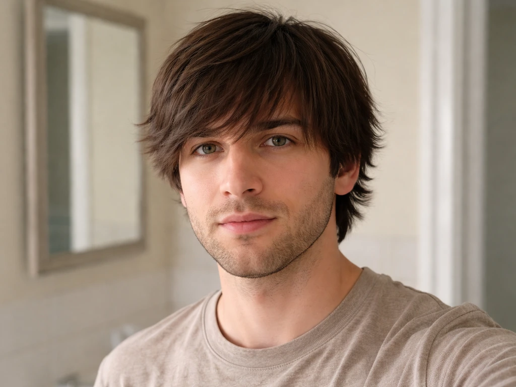 Angled close-up of a settled haircut with fringe lying naturally as weight builds.