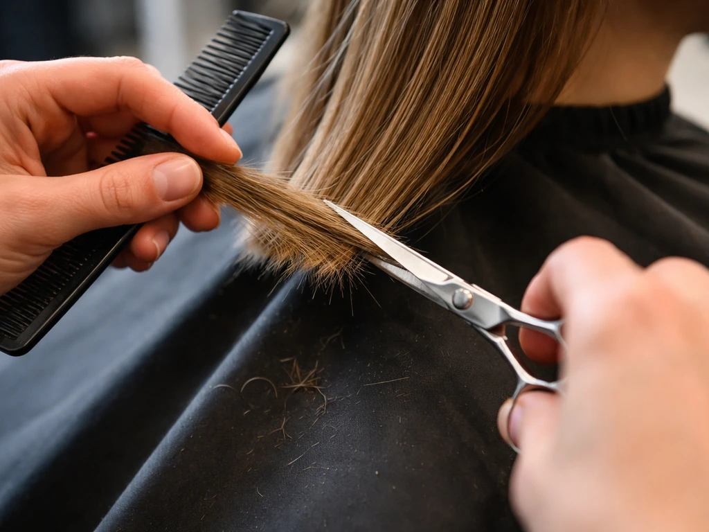 Close-up of a stylist snipping tiny split ends with scissors and a comb over a salon cape.