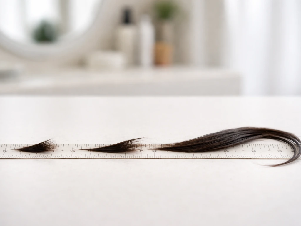 Anonymous hair strands arranged by increasing length beside a measuring tape on a clean desk.