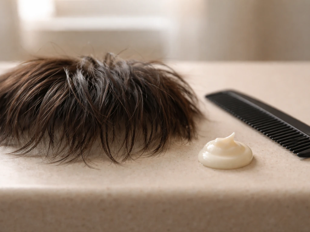 Close-up of short fringe falling over eyes with a comb and styling cream nearby
