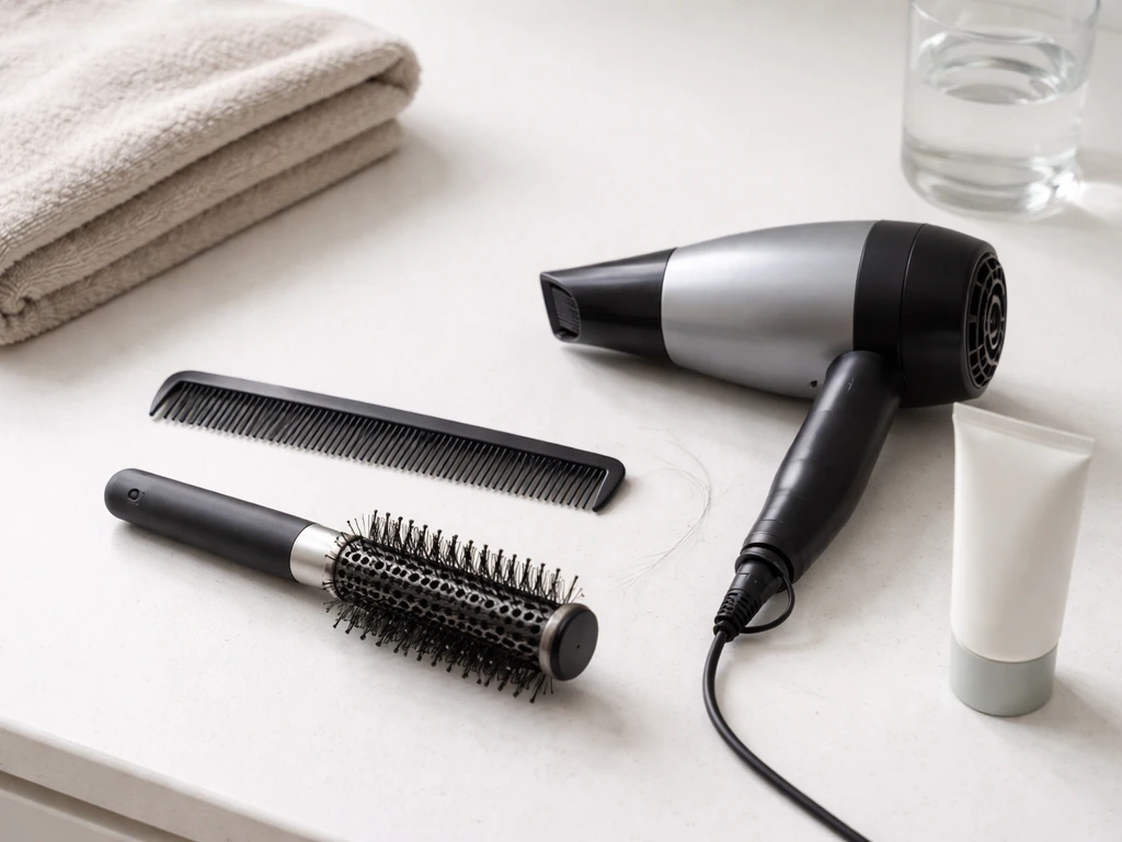 Flat lay of fringe grow-out tools: comb, blow dryer, styling cream/gel, and small brush on countertop.