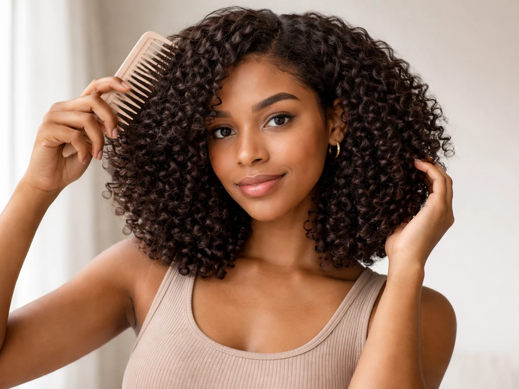 Young woman with shoulder-length curly hair using a wide-tooth comb for a controlled, anti-frizz grow-out look