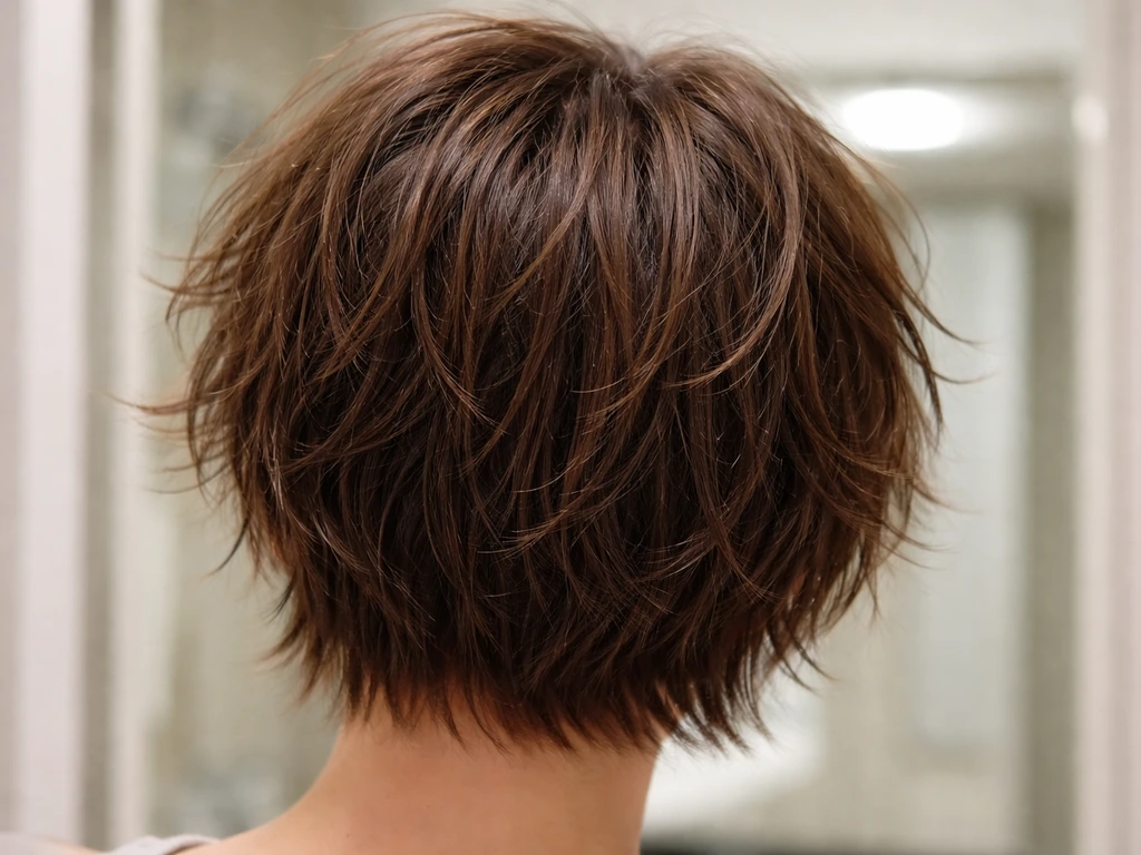 Close-up of short layered hair growing out, frizzy and poofy from uneven lengths in humid air.