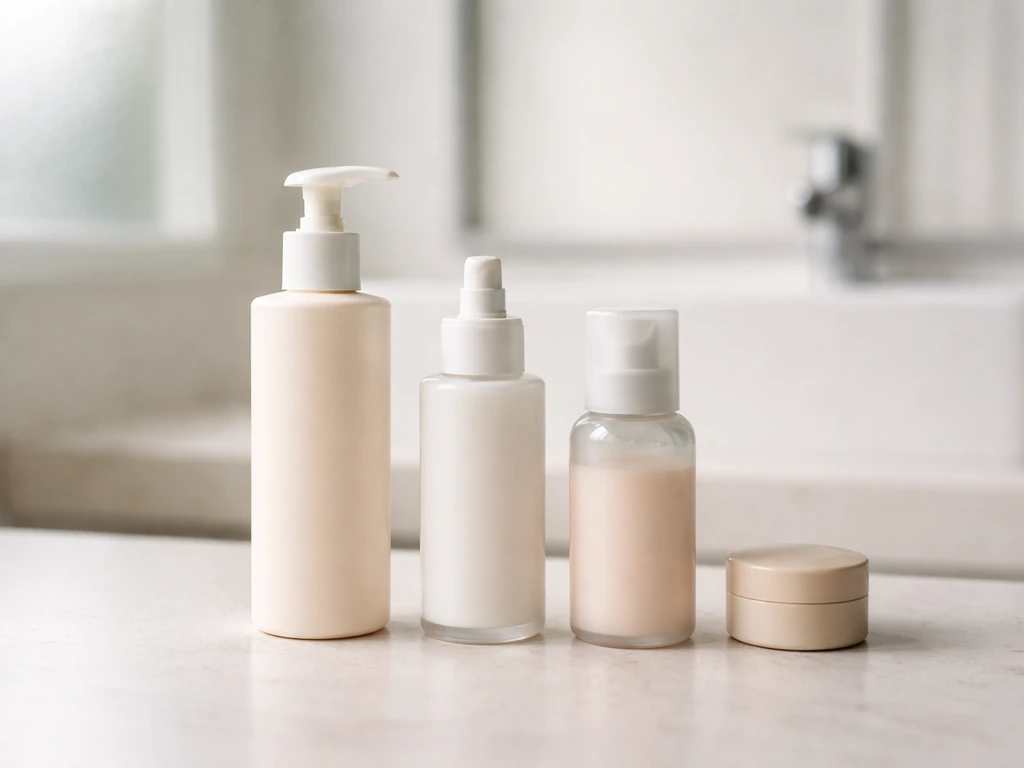 Hair anti-frizz product bottles and pump dispensers neatly stacked on a bathroom counter.