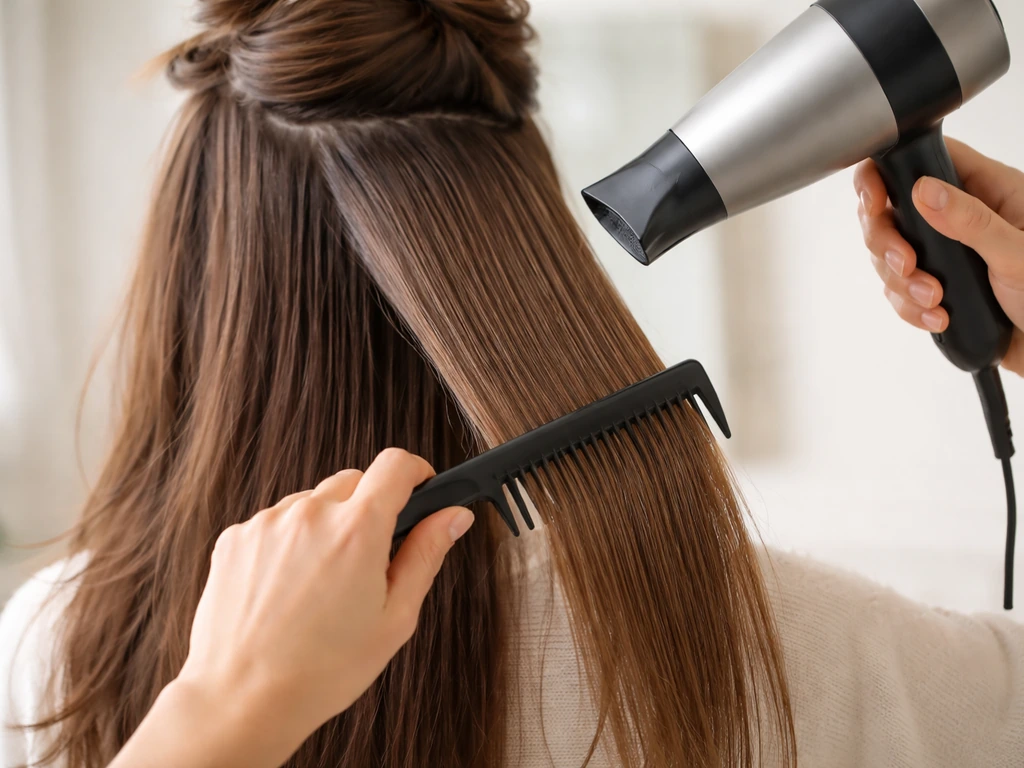 Close-up of sectioned hair being blow-dried with directional airflow and a comb to reduce puffiness.