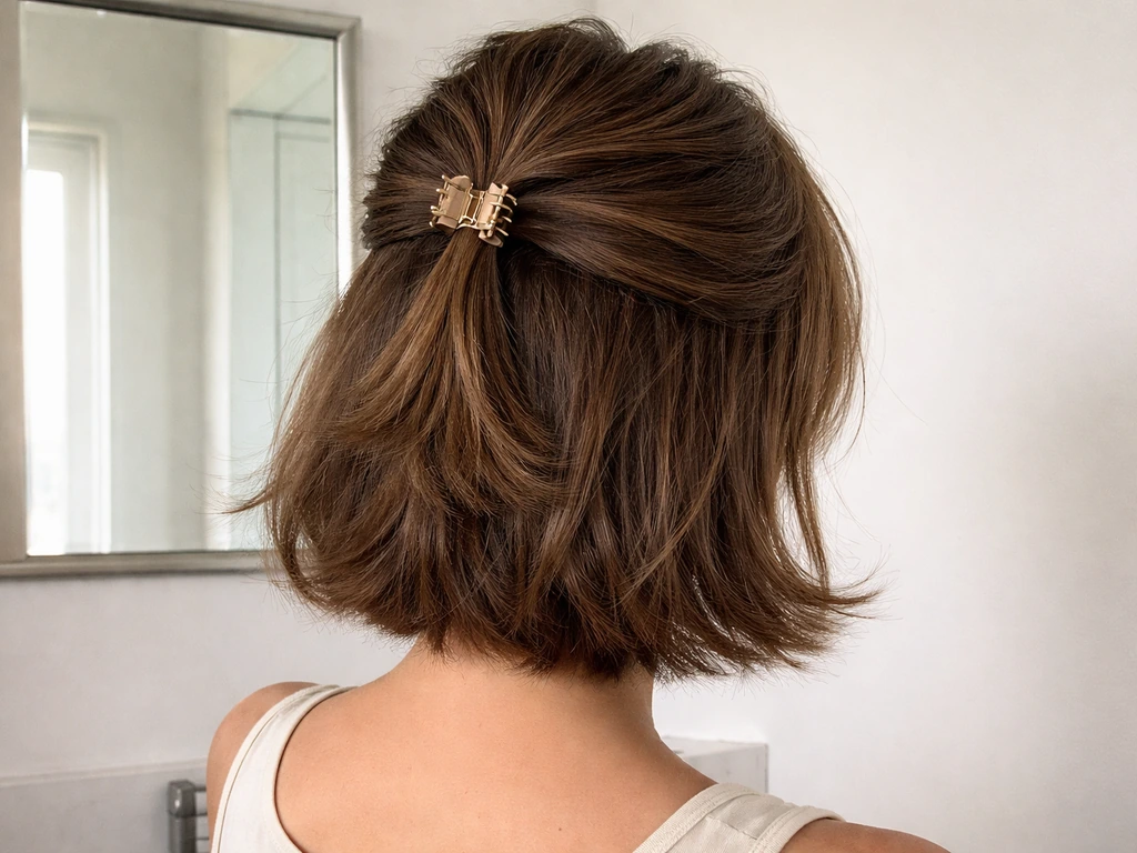 Person styling a bob at an awkward length with a half-up clip at the crown in a simple bathroom mirror scene.