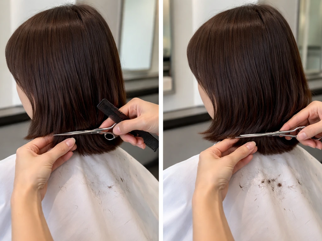 Anonymous stylist snipping hair ends vs shaping the perimeter to reduce puff while maintaining length