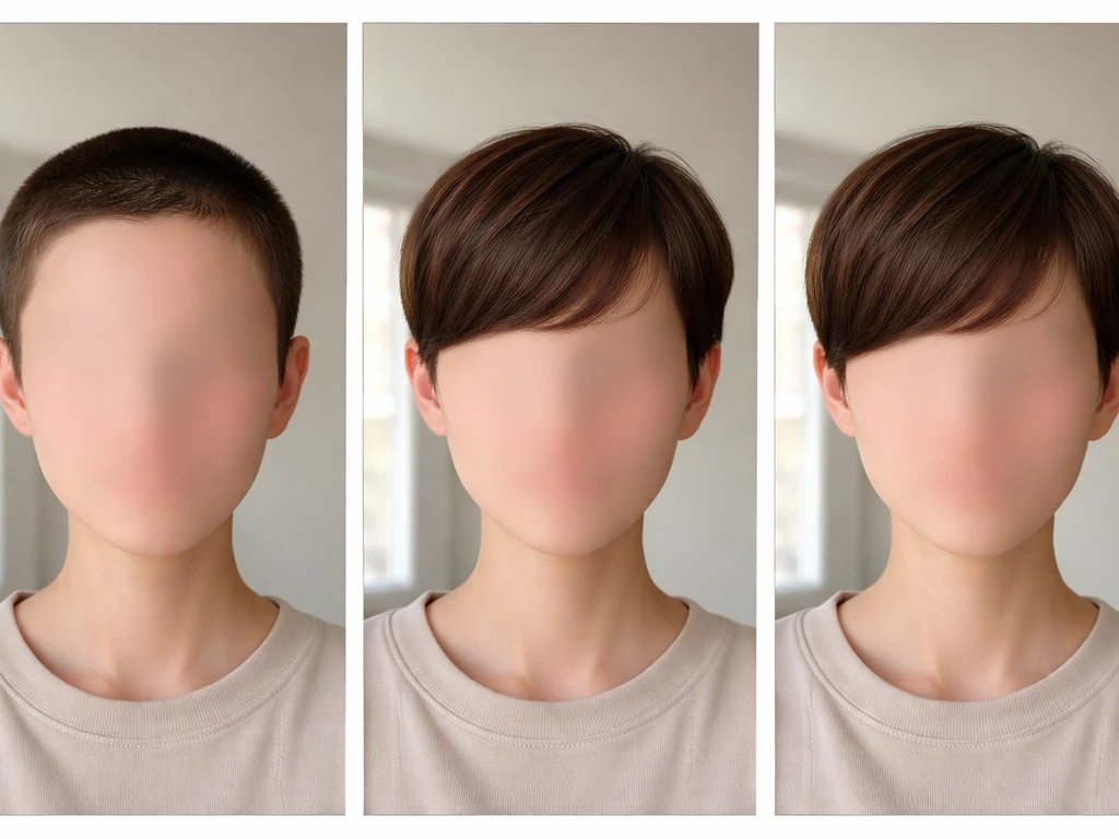 Three-step hair growth over months 1–3, from buzz cut to pixie covering ears and brushing forehead.