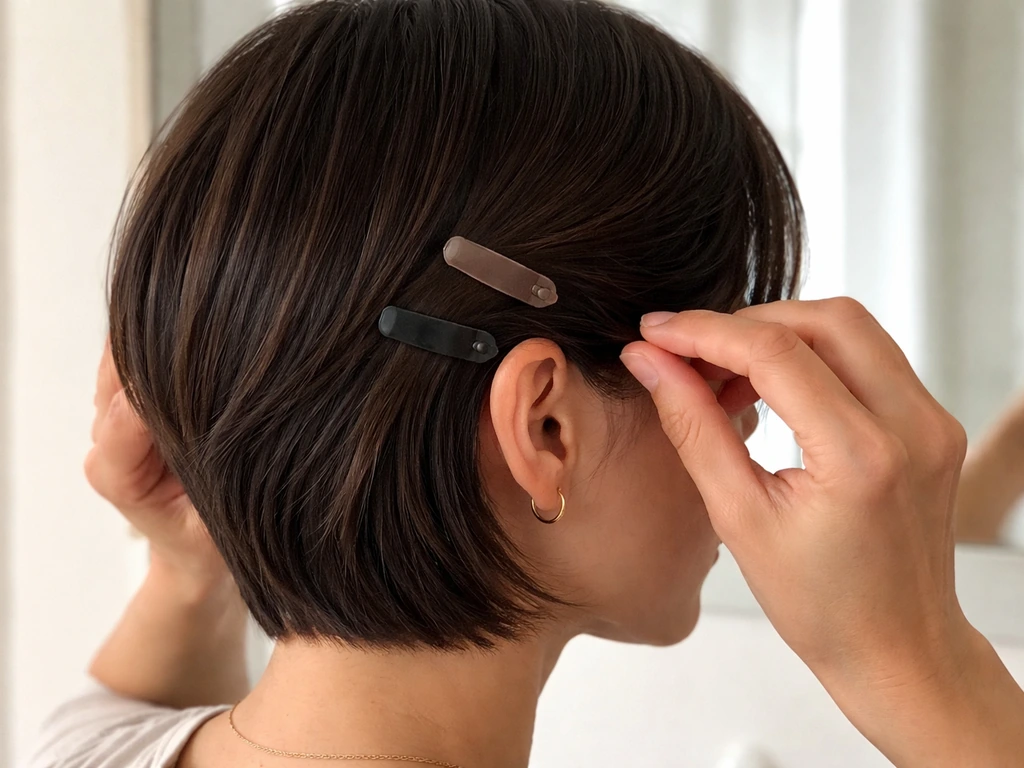 Person using small clips to pin hair near the ears for a cleaner ear-to-chin shape