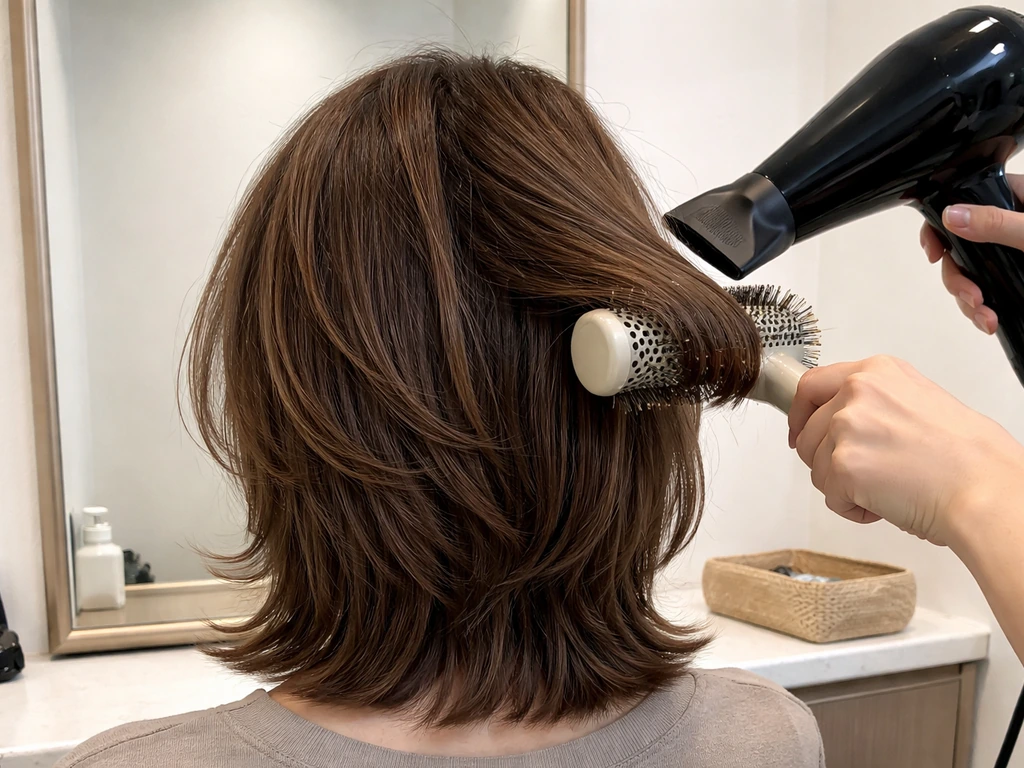 Sectioned hair being combed and blow-dried to blend shorter layers into a longer style.