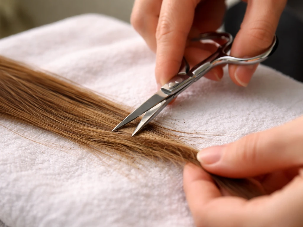 Close-up of a stylist’s hands using small hair shears to make minimal trims at hair ends