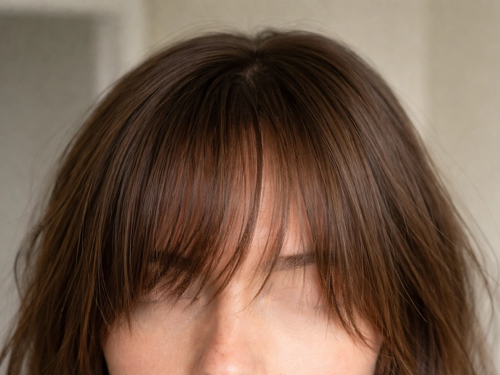 Close-up of bangs in the awkward grow-out stage, side-swept near the eyes in natural light.