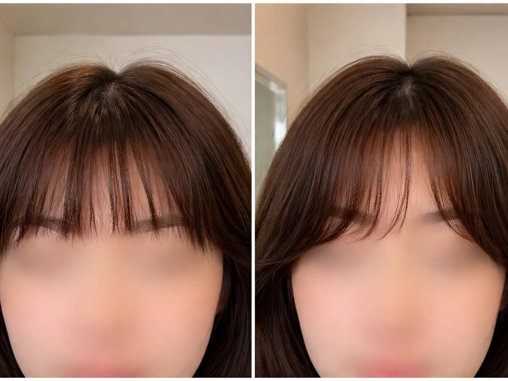 Split-screen style comparison of bangs: one short, one longer fringe growing out, natural salon lighting.