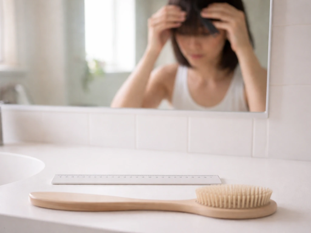 Person at a bathroom mirror holding bangs scissors above a simple ruler beside a hair comb