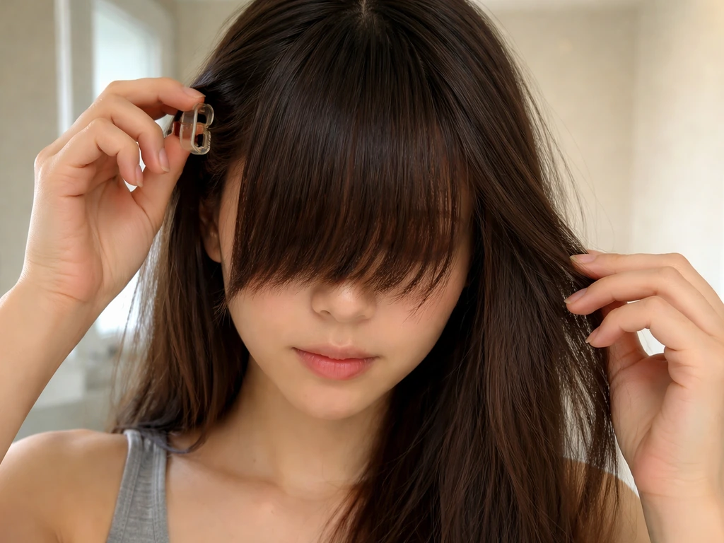 Anonymous person with bangs covering the eyes, using a small claw clip to lift them back in a minimal bathroom.