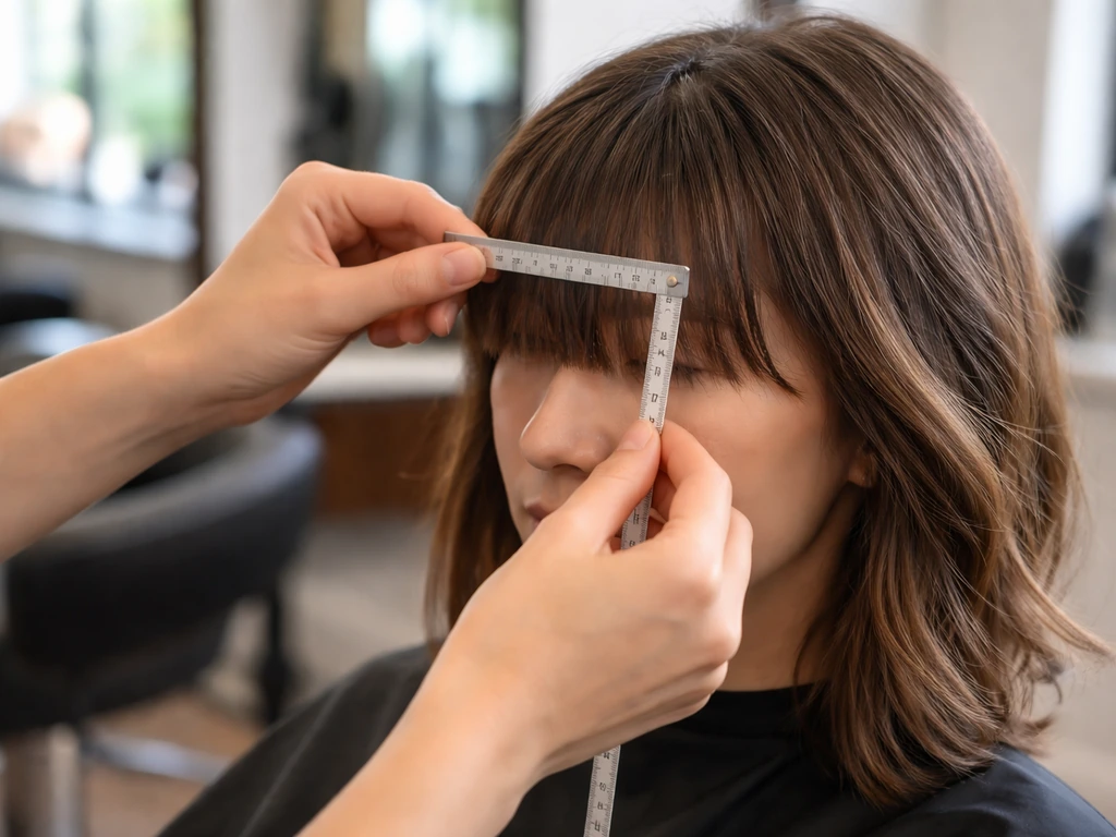 Salon stylist measures a client’s fringe with a ruler to plan a bang grow-out