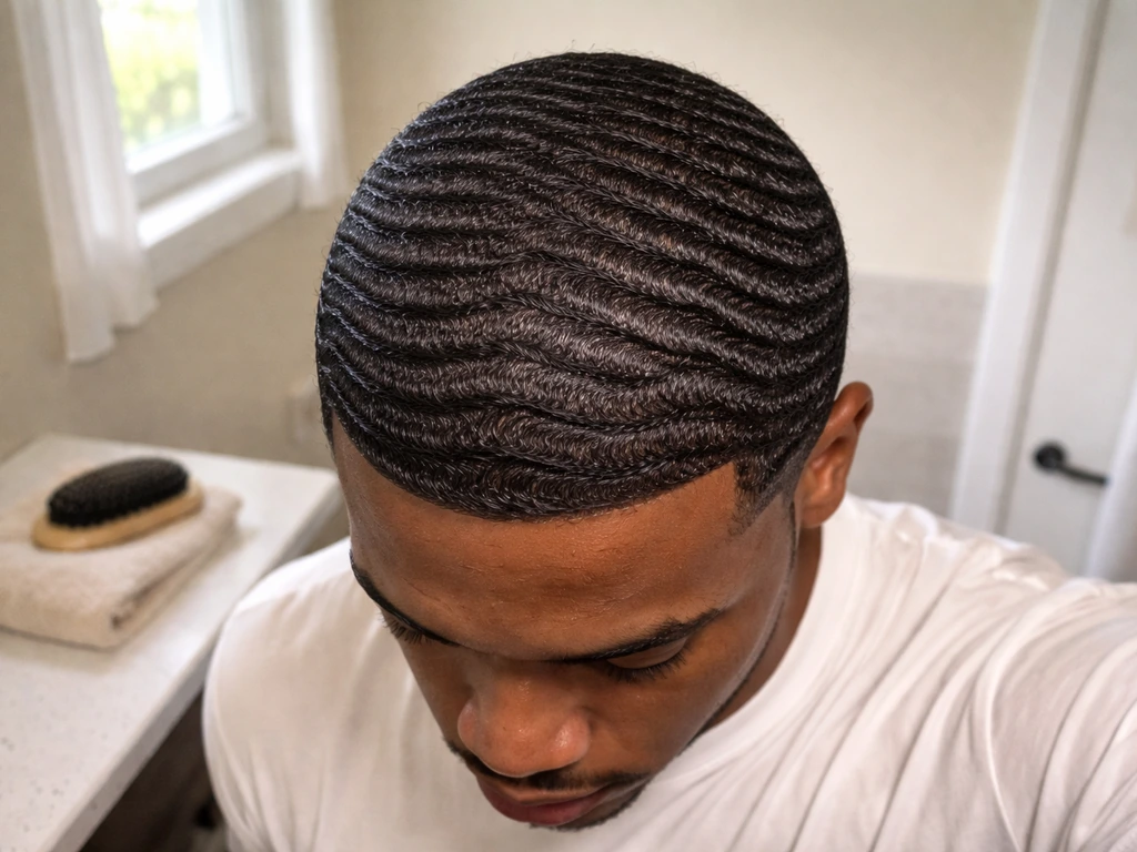 Moisturized hair brushed into tight 360 wave ridges after durag removal, towel and brush nearby.